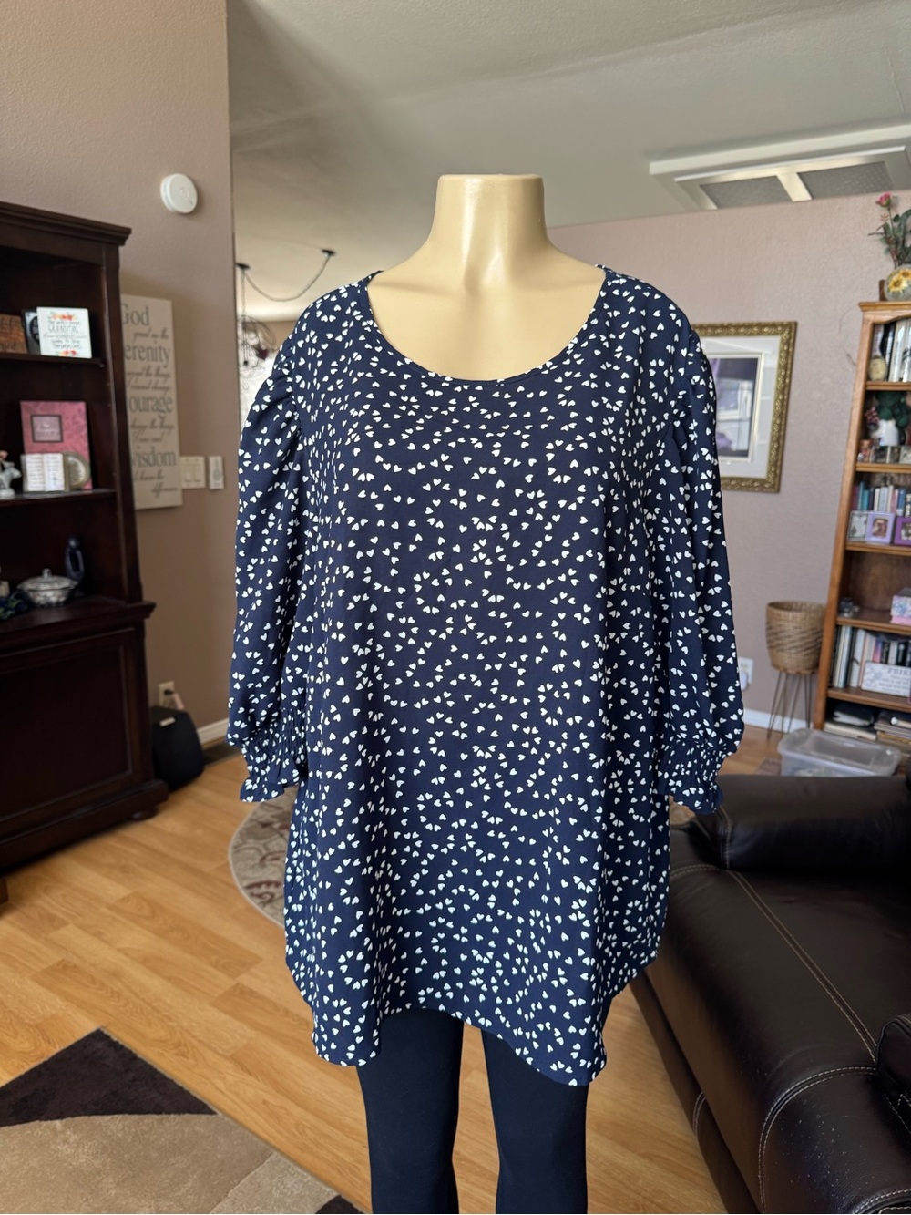 SHEIN Navy Blue Heart Print Scoop Neck Blouse-size XXXL